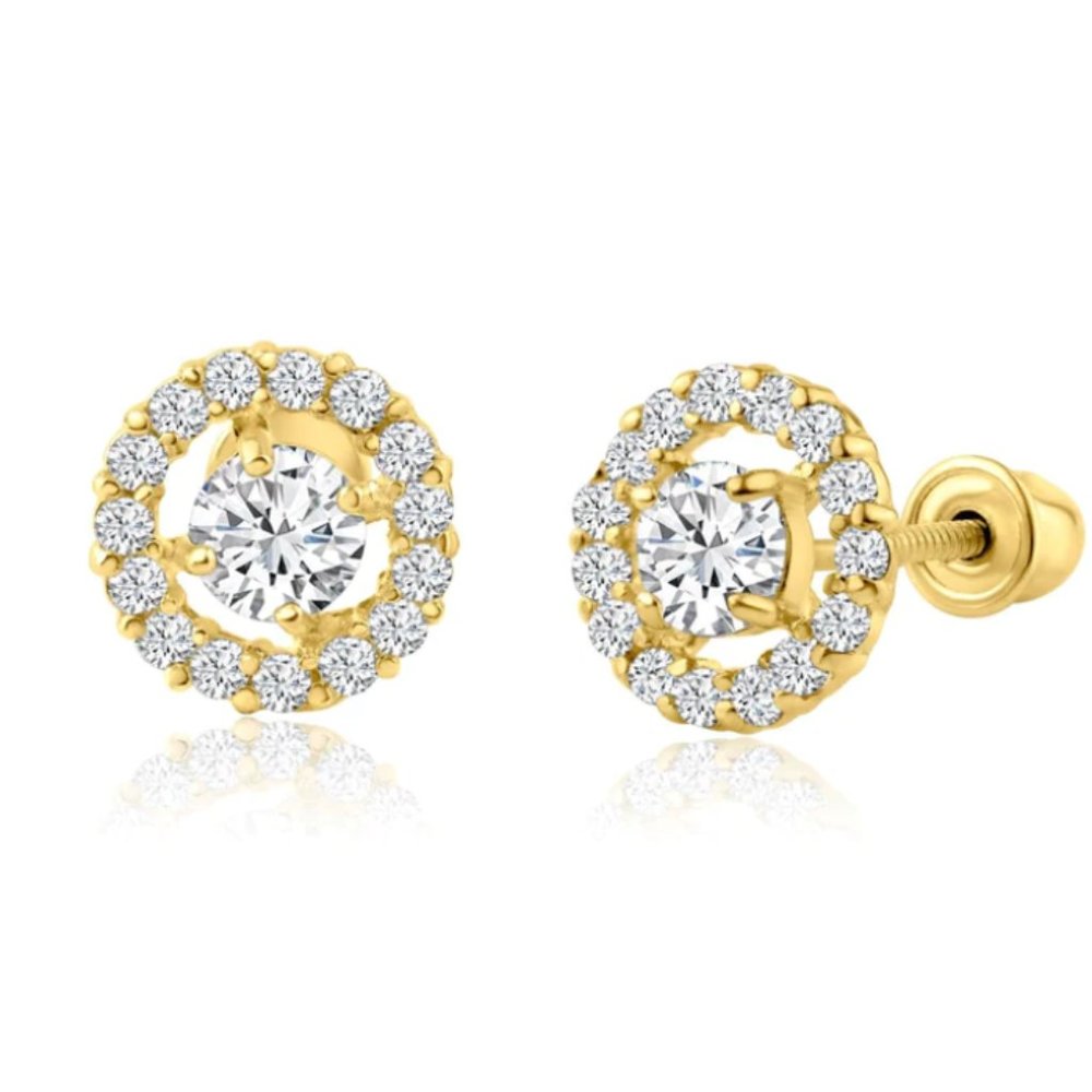 14k Gold Halo Stud Earrings, Diamond Halo earrings. Simulated diamond